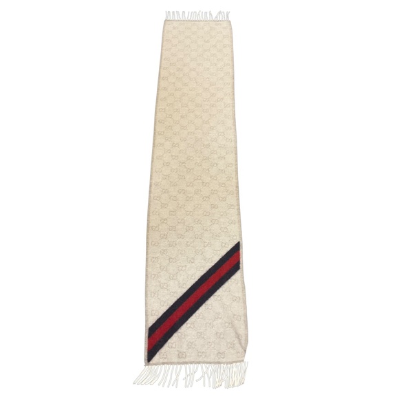 Gucci Sand / Blue / Red GG Monogram Web Fringed Wool Angora Nikky Scarf - Picture 5 of 5
